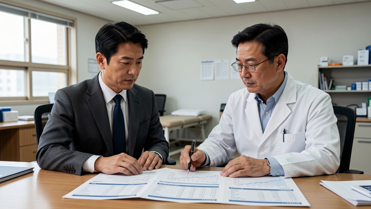 직장인건강검진 결과지를 의사와 함께 확인하는 모습