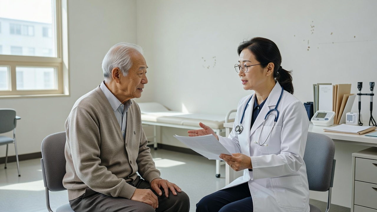 노년 건강 검진 주기를 의사와 상의하는 모습