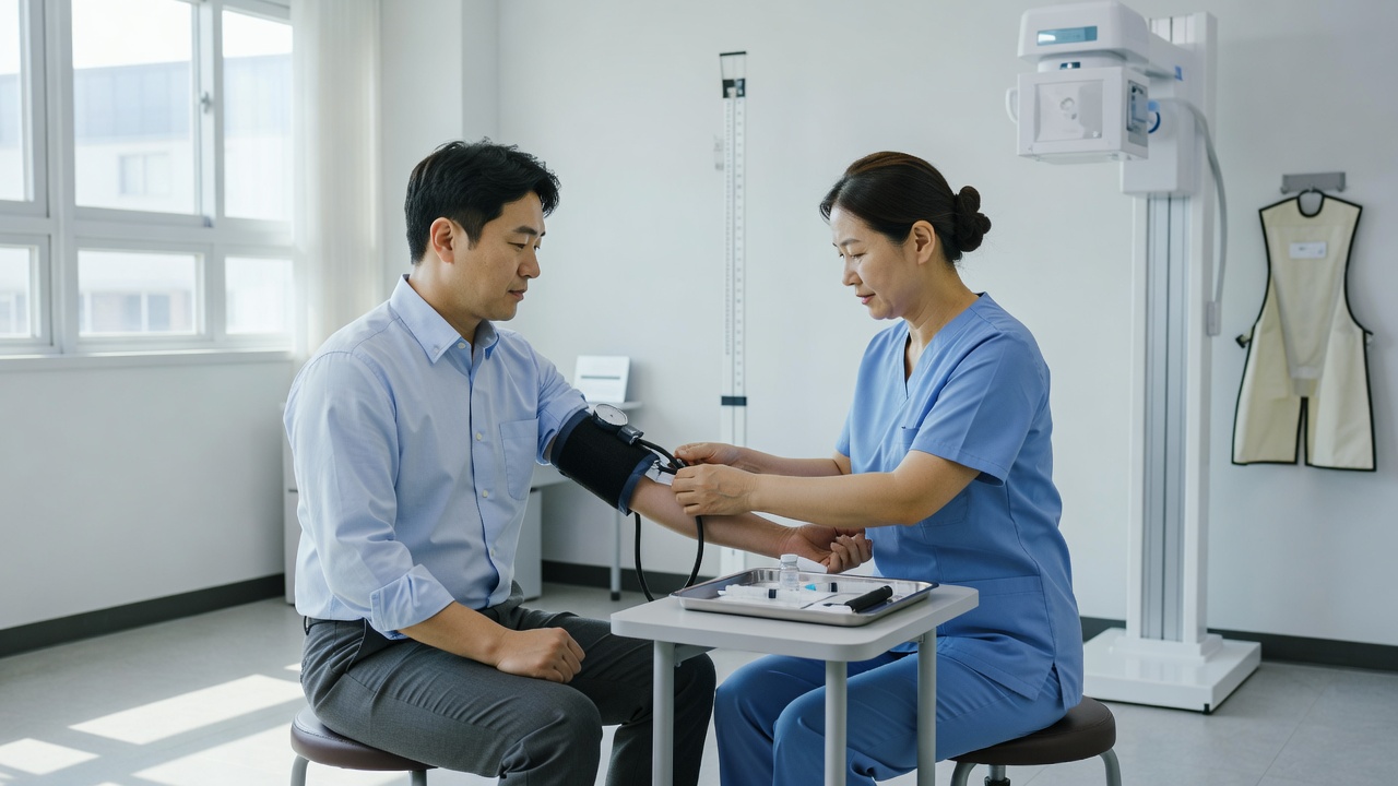 직장인 건강검진 필수항목의 기본 검사 장면