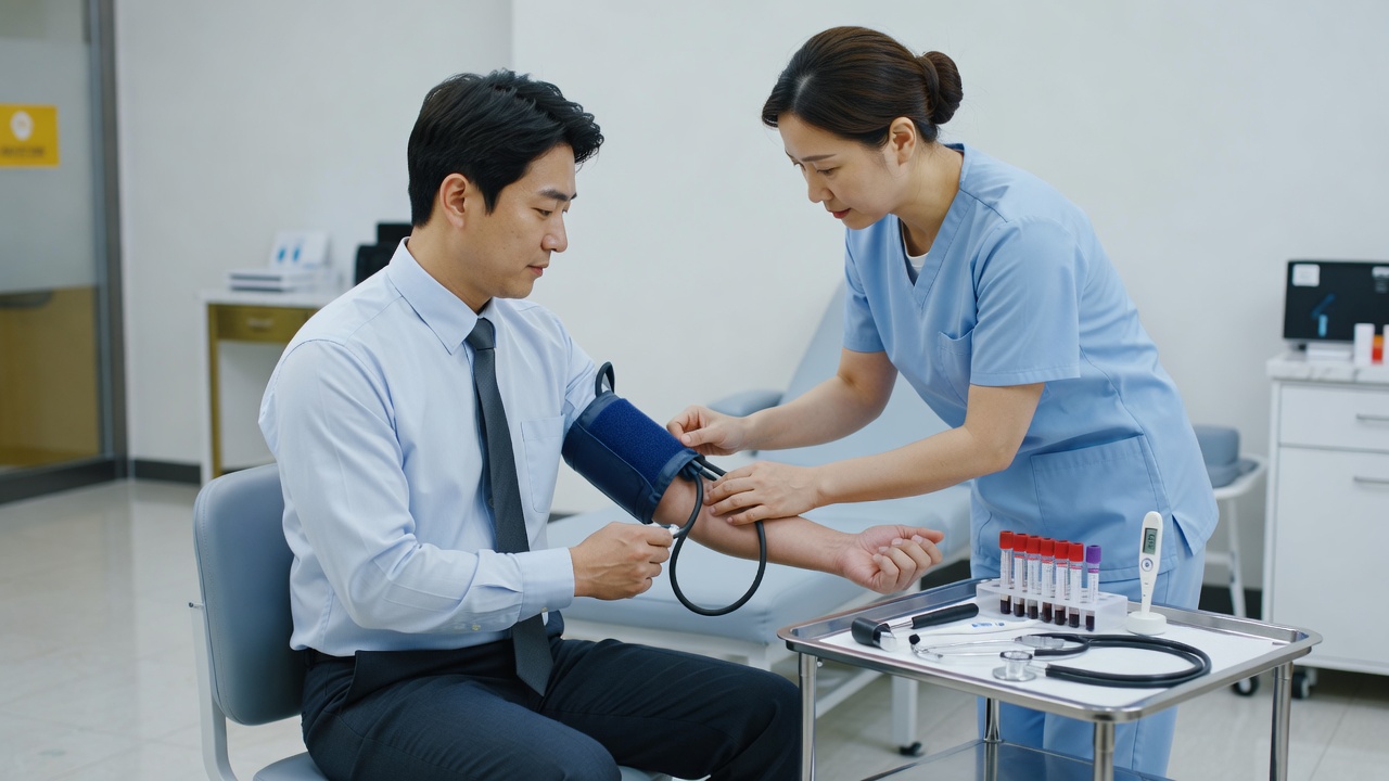 직장인 건강검진 필수항목의 혈압 측정 장면