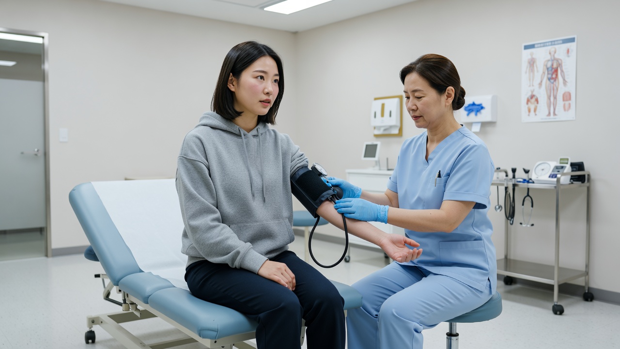 20대 건강검진 필수항목을 받는 젊은 여성의 혈압 검사 장면