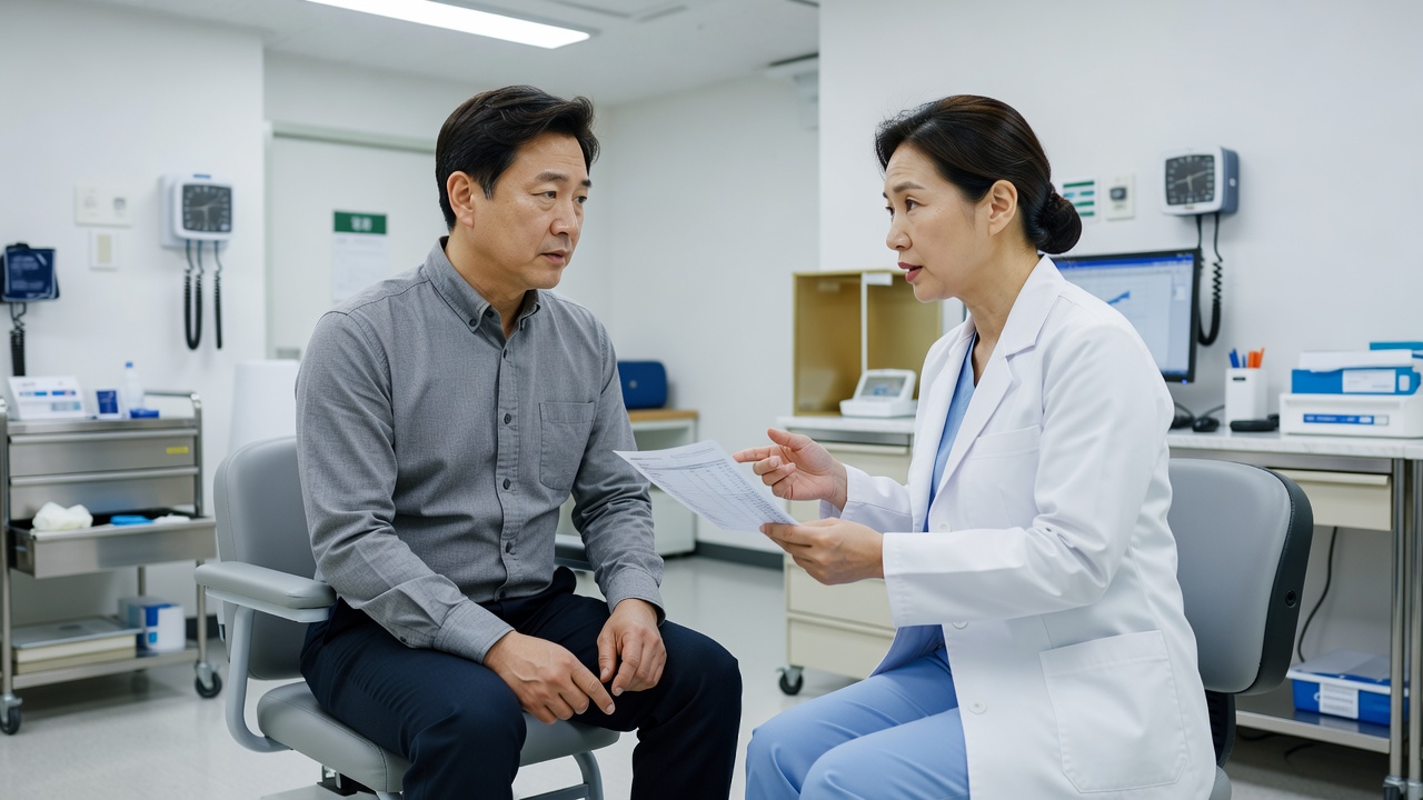 40대 건강검진 필수 항목을 점검하는 의료 상담 장면