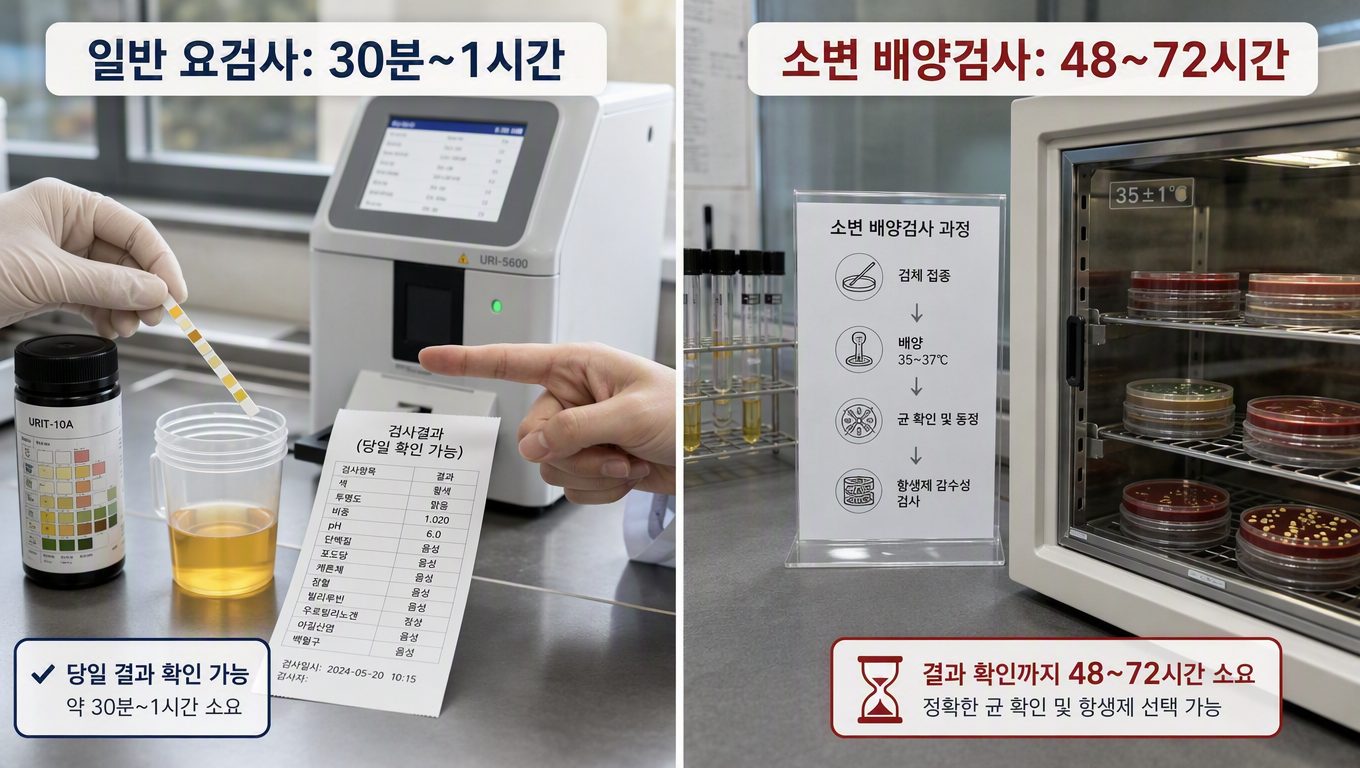 소변검사 결과 시간은 검사 종류에 따라 어떻게 달라지나요